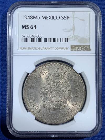 《竞宝斋》第453场 周日，周一 2场连拍 （全场包邮，欢迎送拍） - NGC MS64 墨西哥1948年玛雅酋长5比索银币