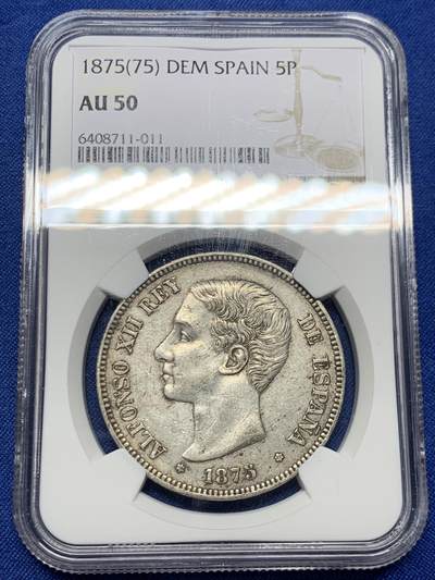 《竞宝斋》第453场 周日，周一 2场连拍 （全场包邮，欢迎送拍） - NGC AU50 西班牙1875年阿方索十二世青年版5比塞塔银币 首年版