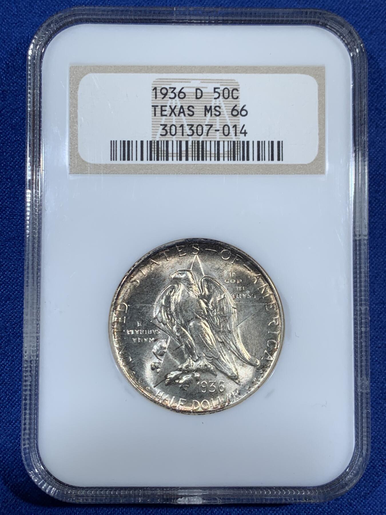 《竞宝斋》第453场 周日，周一 2场连拍 （全场包邮，欢迎送拍） NGC MS66 美国 1936年 50美分 银币，德克萨斯州，加厚老盒子评级，转光明显，非常养眼，值得收藏