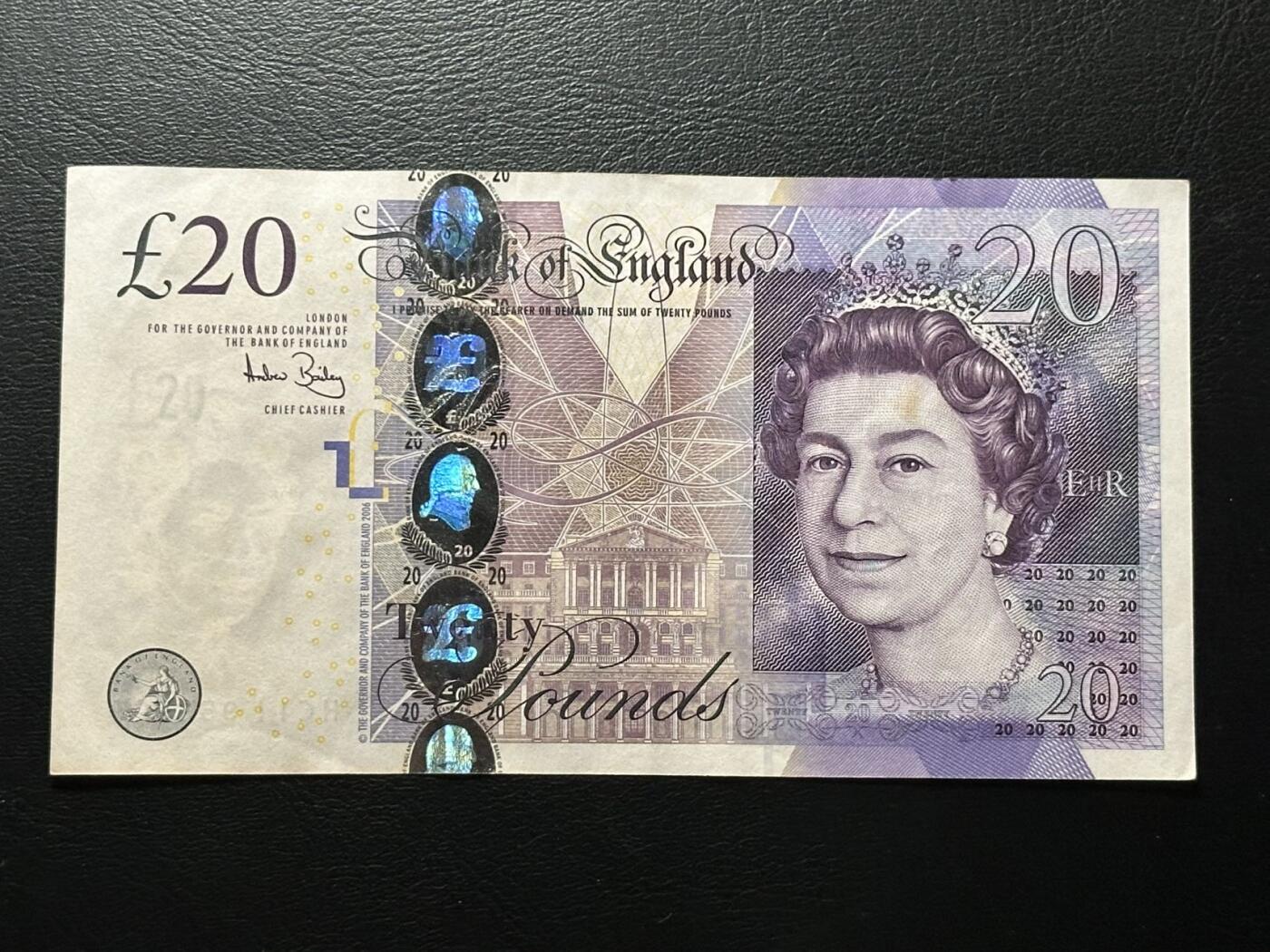 九十九场（喜迎元旦） 英国F序列20英镑流通品，，数三，999豹子号！无47！背面是亚当斯密，近代经济学之父！