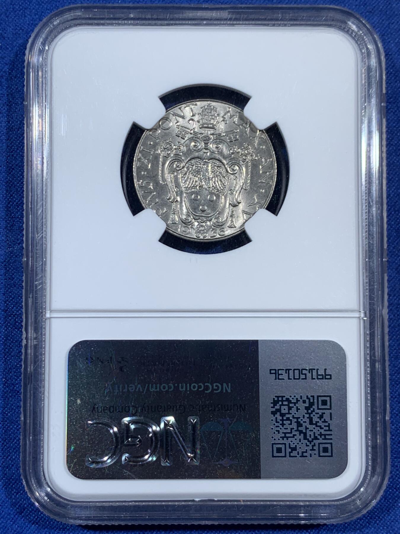 《竞宝斋》第453场 周日，周一 2场连拍 （全场包邮，欢迎送拍） NGC MS65 梵蒂冈1936年大天使50分，季军分。