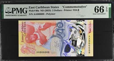 世界靓号纸钞第七十九期 - 2023年东加勒比2元纪念钞 首发AA冠 圆圆号 数二 68组合 尾88 PMG66 2023年IBNS世界最佳纸币