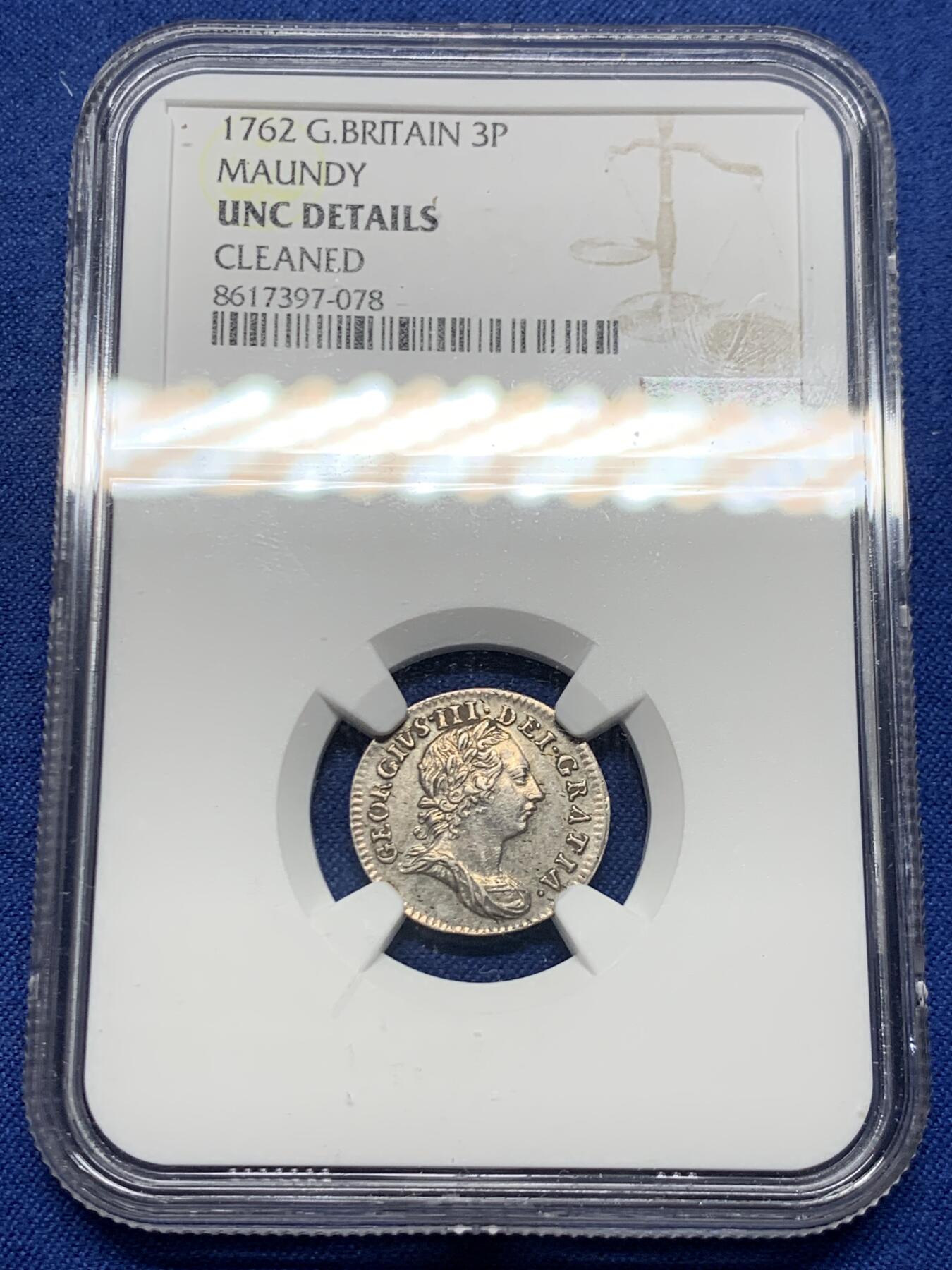 《竞宝斋》第453场 周日，周一 2场连拍 （全场包邮，欢迎送拍） NGC UNCD 英国1762年乔治三世3便士银币，濯足节系列银币，深打