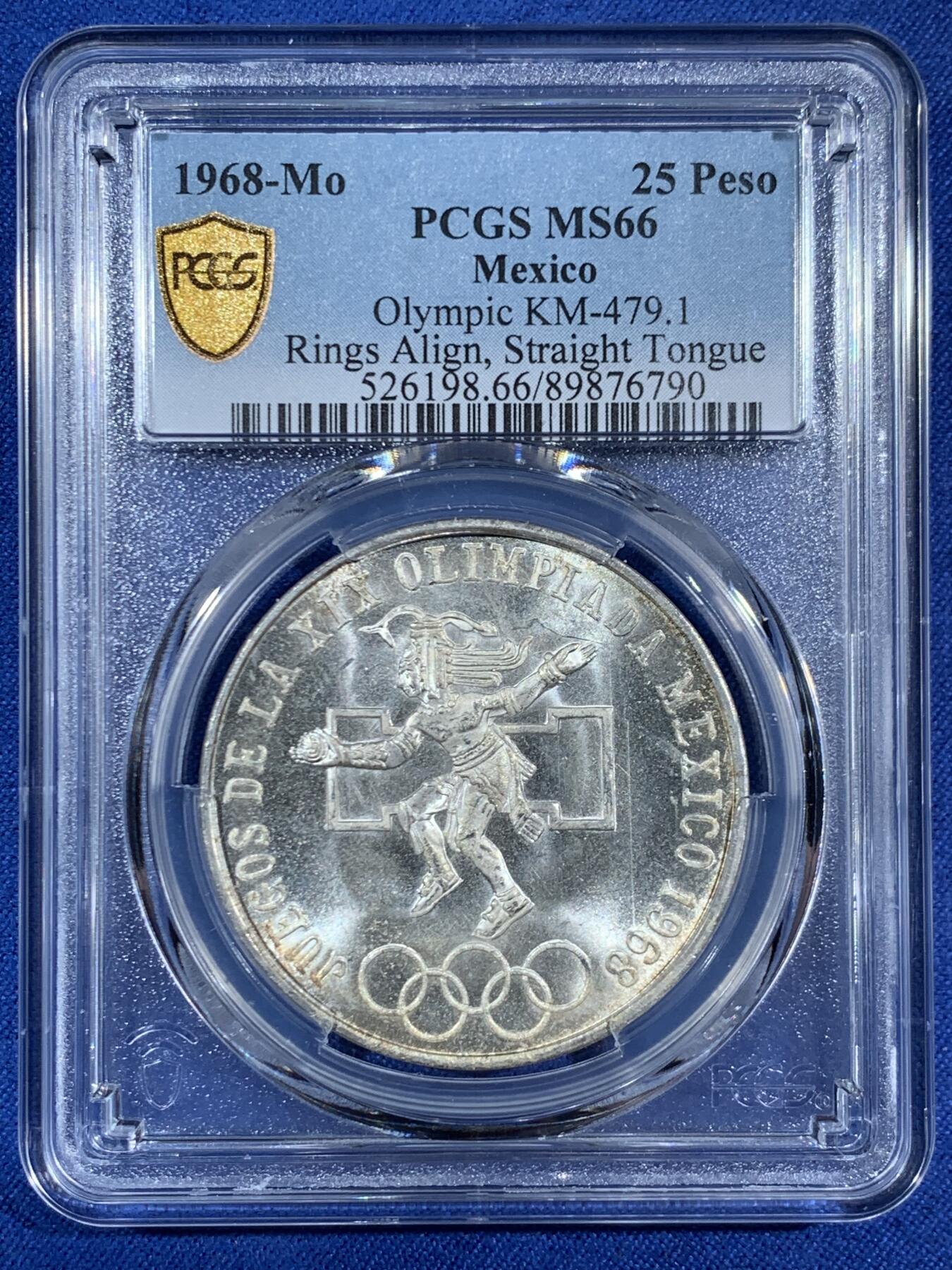 《竞宝斋》第453场 周日，周一 2场连拍 （全场包邮，欢迎送拍） PCGS MS66 墨西哥1968年25比索奥运纪念,经典品种,卷拆品高分，两面爆光，银光赏心悦目,适合收藏。
