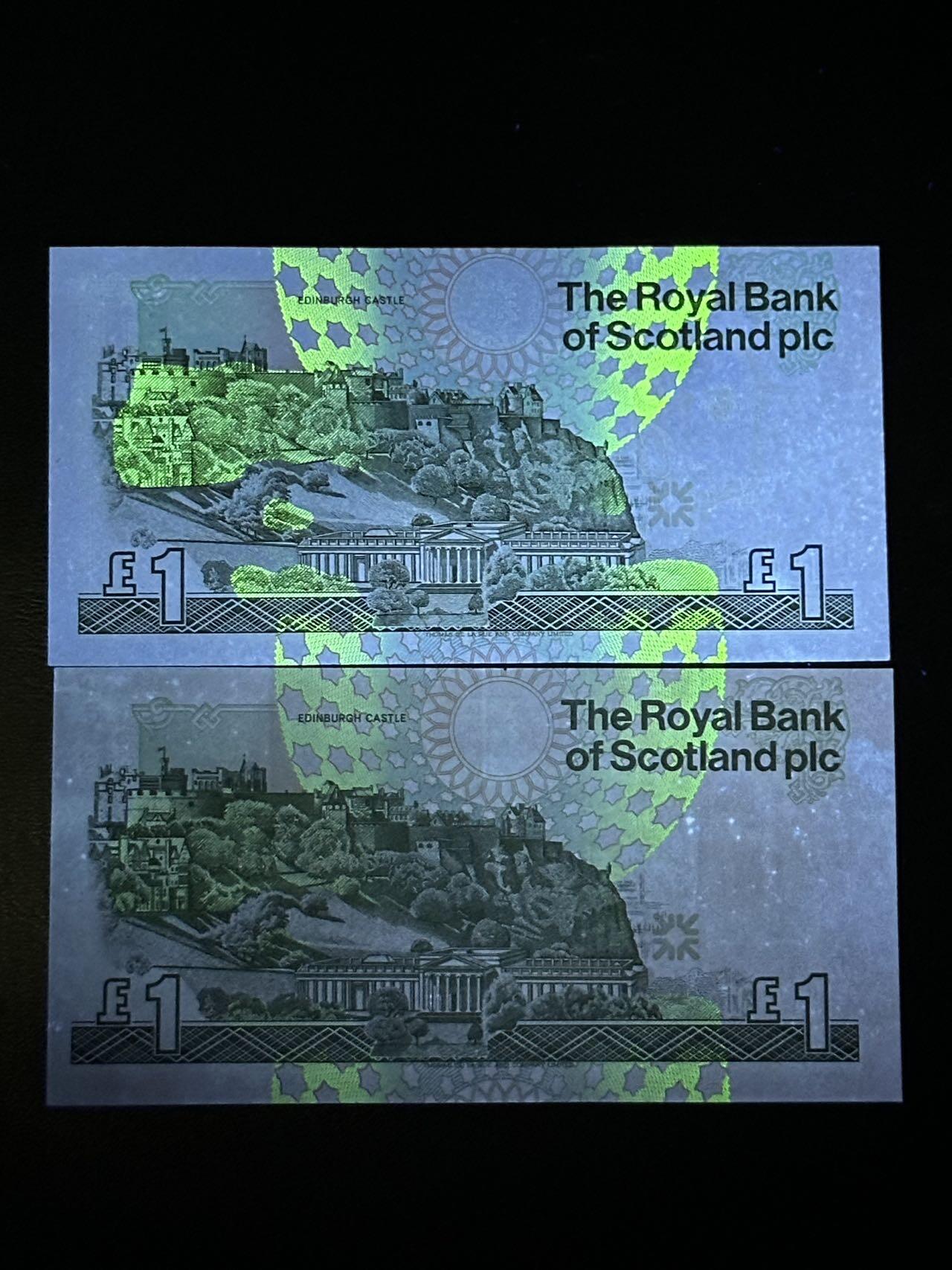 九十九场（喜迎元旦） 苏格兰纸币一组两张！其中一张为1992年苏格兰1镑纸币欧洲峰会在爱丁堡召开的纪念钞，unc-，无47！另一枚是普通版
