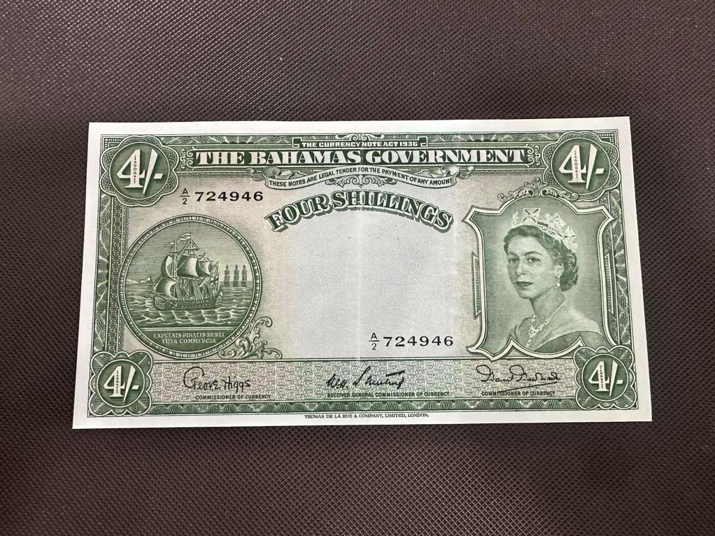 喜羊羊钱币收藏2025第11期(流通品相场) 巴哈马群岛	P-13b 1953年4先令	品相如图				A/2 724946			