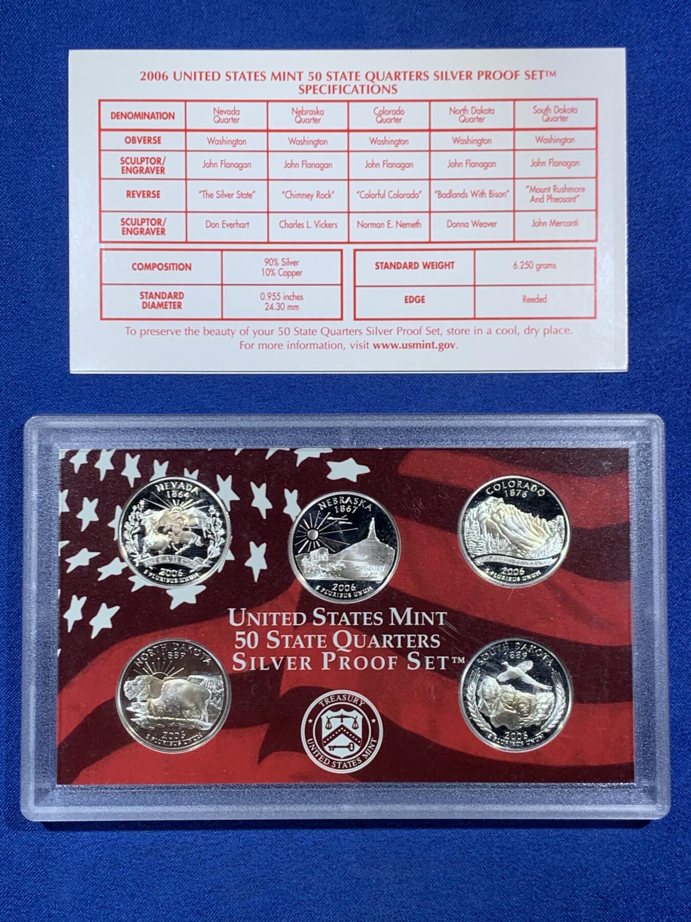 《竞宝斋》第453场 周日，周一 2场连拍 （全场包邮，欢迎送拍） 美国2006年50州系列25美分5枚精制银币套 带盒证 6.25克X5枚 900银