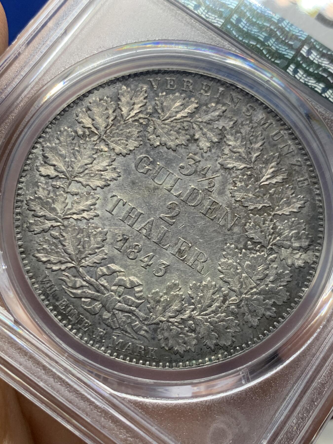 《竞宝斋》第453场 周日，周一 2场连拍 （全场包邮，欢迎送拍） PCGS AU55 德国1843年法兰克福景观2泰勒大银币