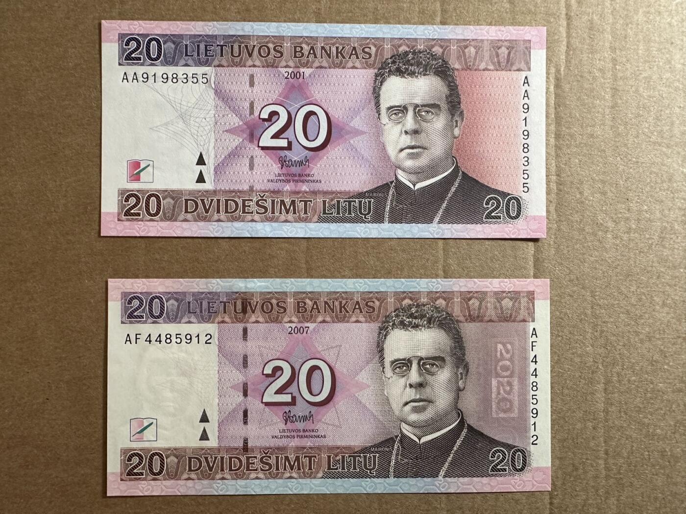 🐍甜小邱世界纸币收藏🐍第138期精品场💐 AA首发冠2001年+AF冠2007年 两张 全新UNC 立陶宛 20立特