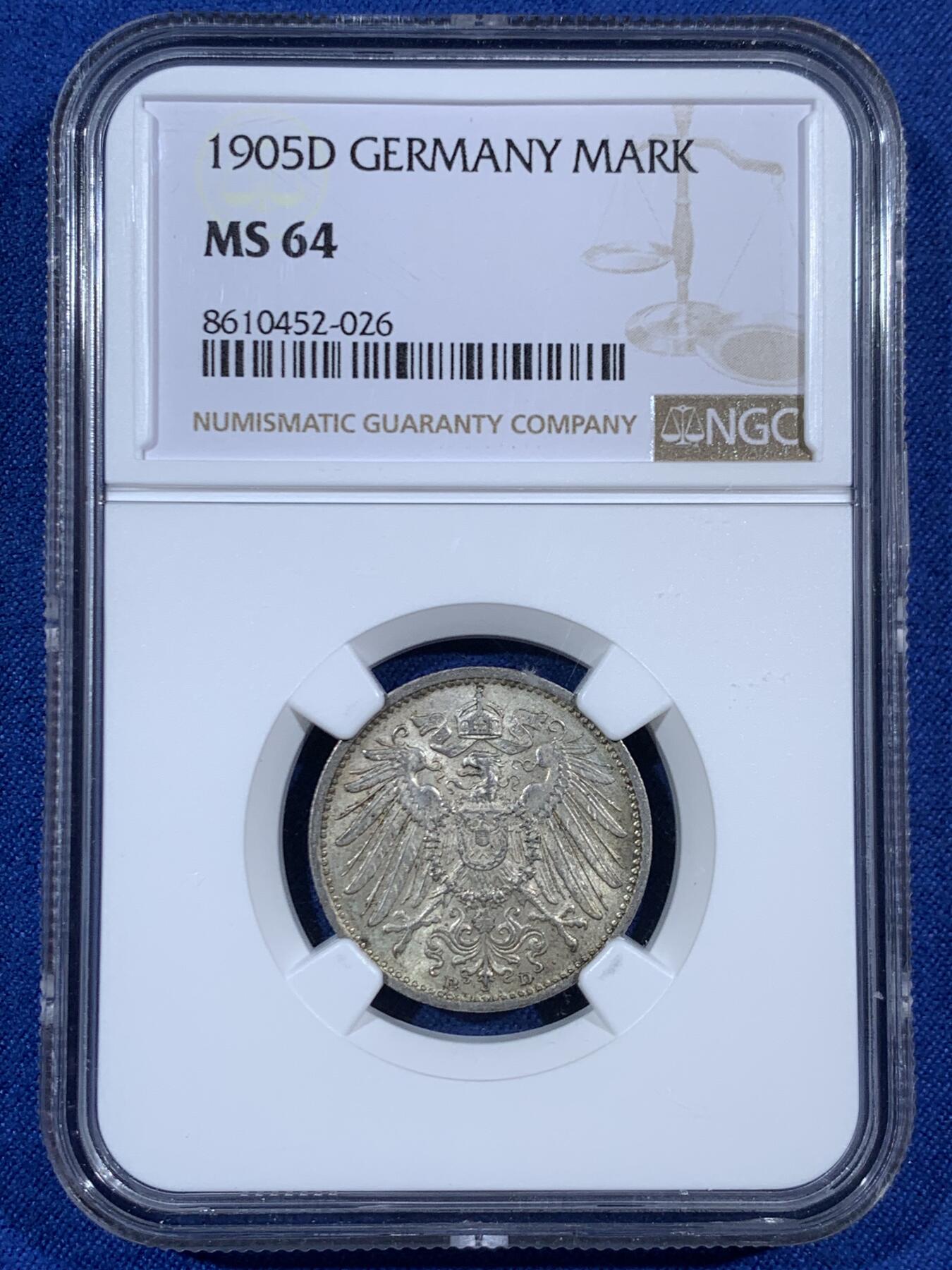 《竞宝斋》第453场 周日，周一 2场连拍 （全场包邮，欢迎送拍） NGC MS64 德国1905D一马克银币，早期少见年份，状态不错，分数合格