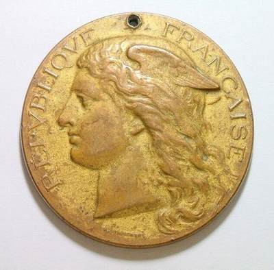 法国1899年 小飞侠女神头像高浮雕大铜章 单面镀金 50MM - 法国1899年 小飞侠女神头像高浮雕大铜章 单面镀金 50MM
