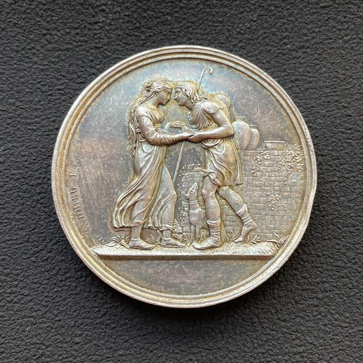 「木头集藏」章牌专场-第65场 1848年法国婚礼纪念银章，直径：36.4 mm，22 g，边铭：手指 ARGENT，正面刻画圣经故事人物：雅各与拉结