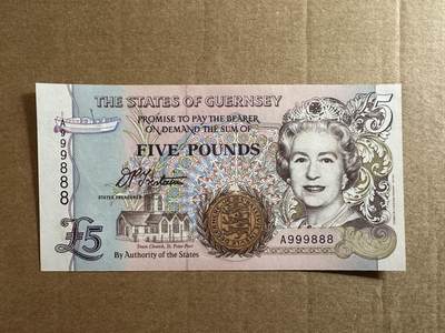 🐍甜小邱世界纸币收藏🐍第138期精品场💐 - A999888首发冠无347倒置号豹子号 数二靓号 +初版 全新UNC 根西岛 5镑 1996 女王版