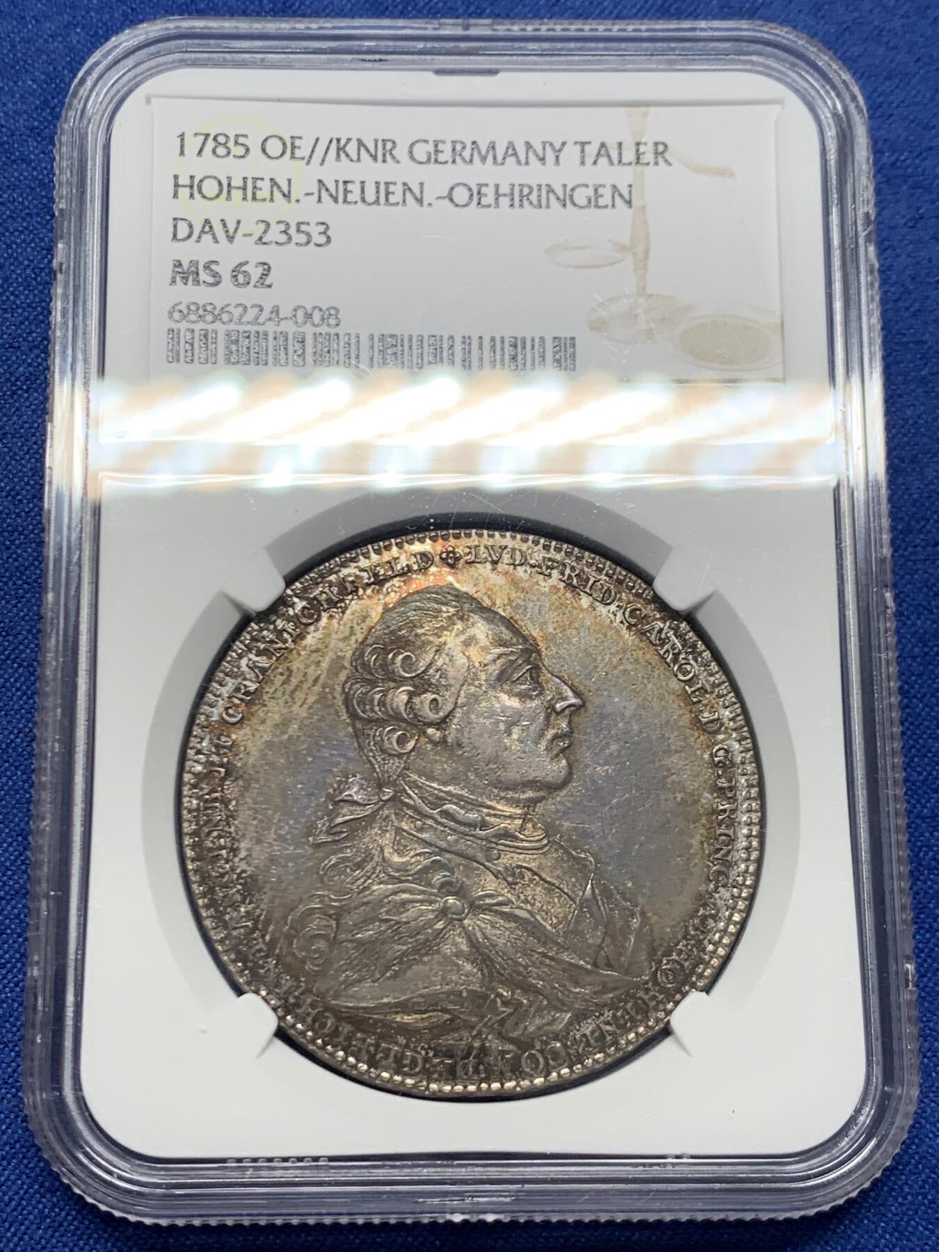 《竞宝斋》第453场 周日，周一 2场连拍 （全场包邮，欢迎送拍） NGC MS62 德国1785年霍亨洛厄-新施泰因-厄林根1泰勒 单年版精品小邦泰勒