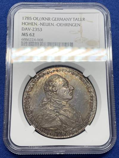 《竞宝斋》第453场 周日，周一 2场连拍 （全场包邮，欢迎送拍） - NGC MS62 德国1785年霍亨洛厄-新施泰因-厄林根1泰勒 单年版精品小邦泰勒