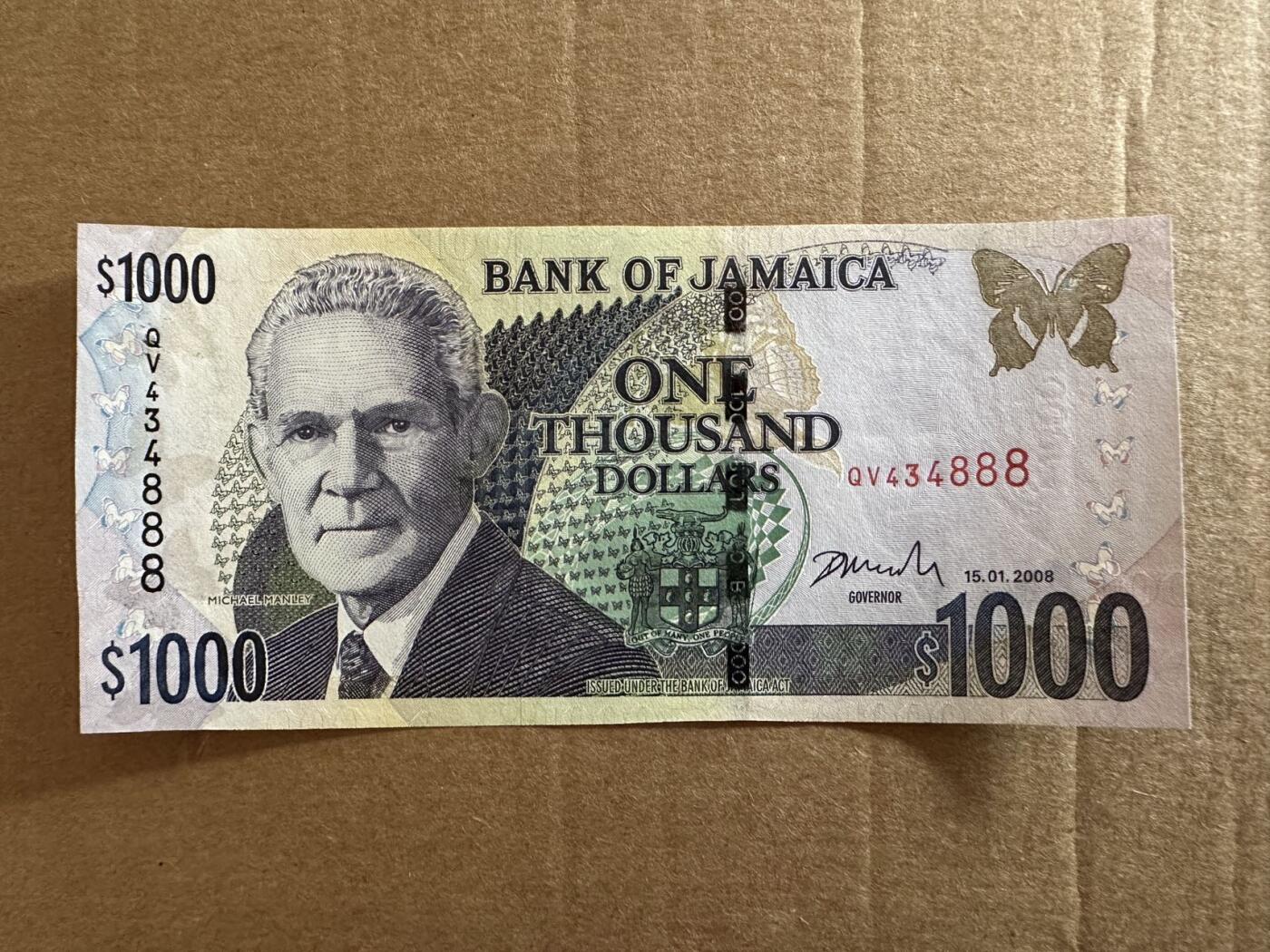 🐍甜小邱世界纸币收藏🐍第138期精品场💐 888豹子号 全新UNC 牙买加 1000元 2008