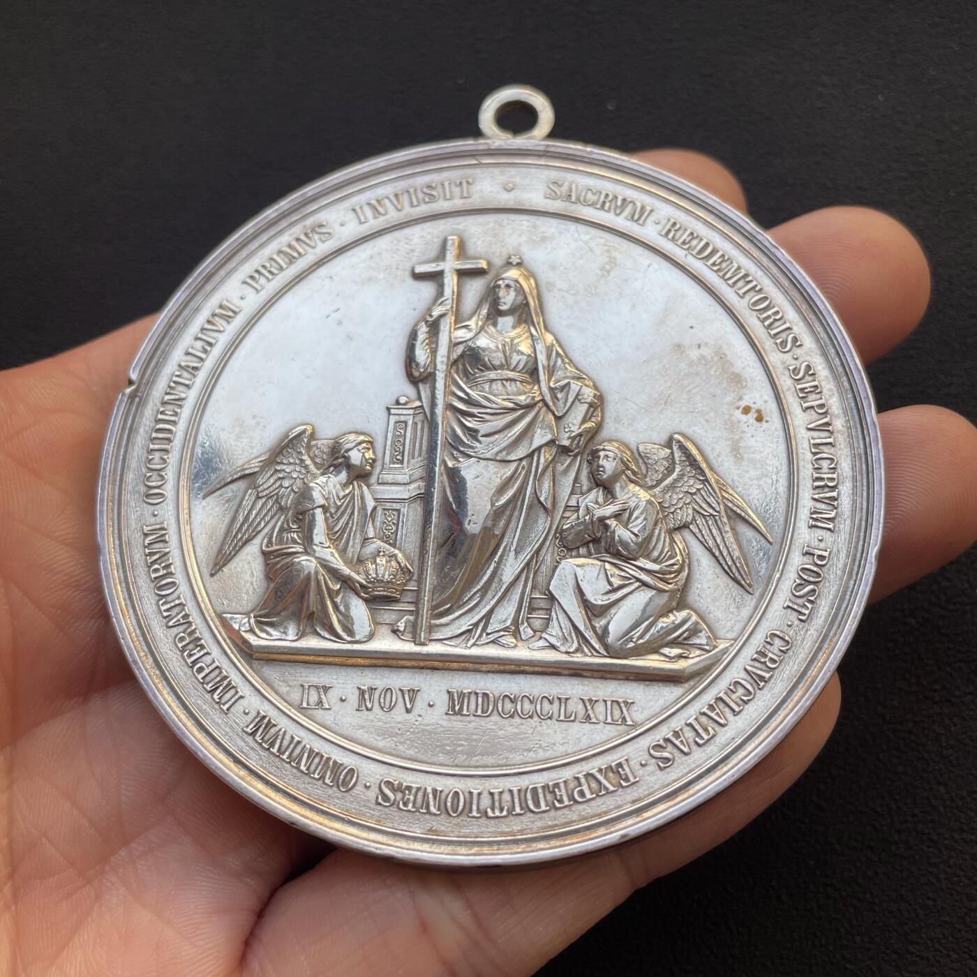 「木头集藏」章牌专场-第65场 1869年奥地利皇帝 弗朗茨·约瑟夫一世 朝圣耶路撒冷圣墓纪念银章，直径：71.6 mm，121.8g。