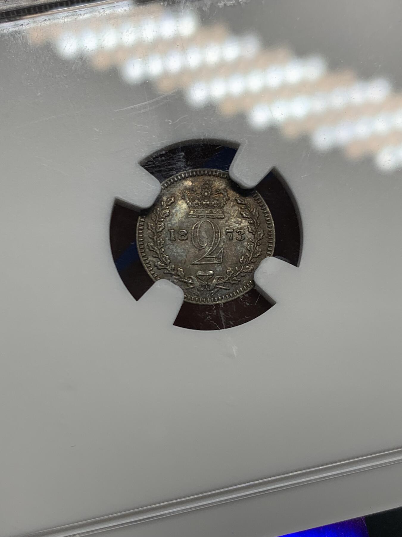 《竞宝斋》第453场 周日，周一 2场连拍 （全场包邮，欢迎送拍） NGC MS62 英国1973年维多利亚女王2便士濯足小银币