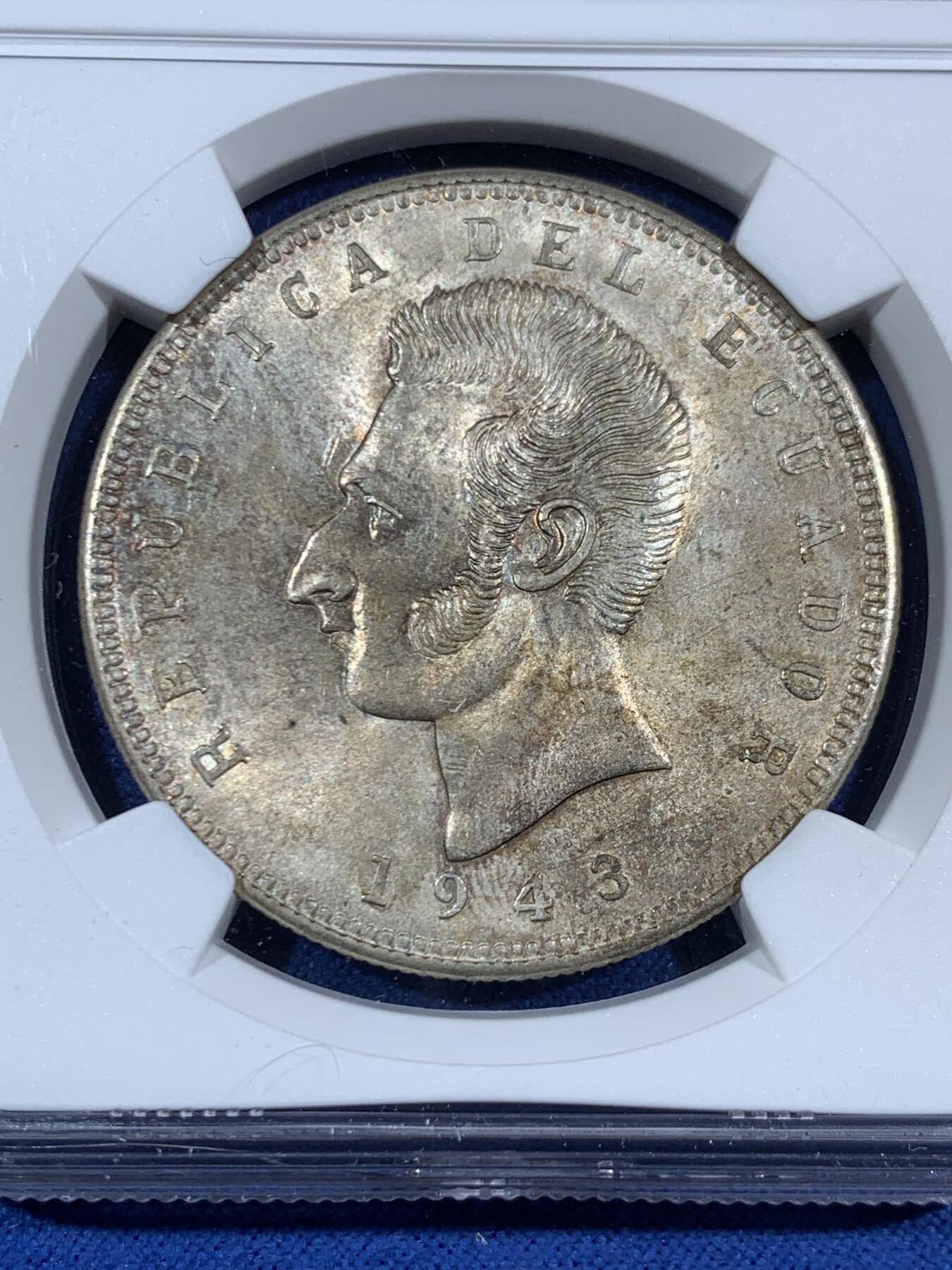 《竞宝斋》第453场 周日，周一 2场连拍 （全场包邮，欢迎送拍） NGC MS63 厄瓜多尔1943年5苏克雷大银币，带光好品。