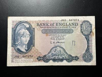 九十九场（喜迎元旦） - 英国B序列5镑，流通品相。B序列有非常漂亮的设计！