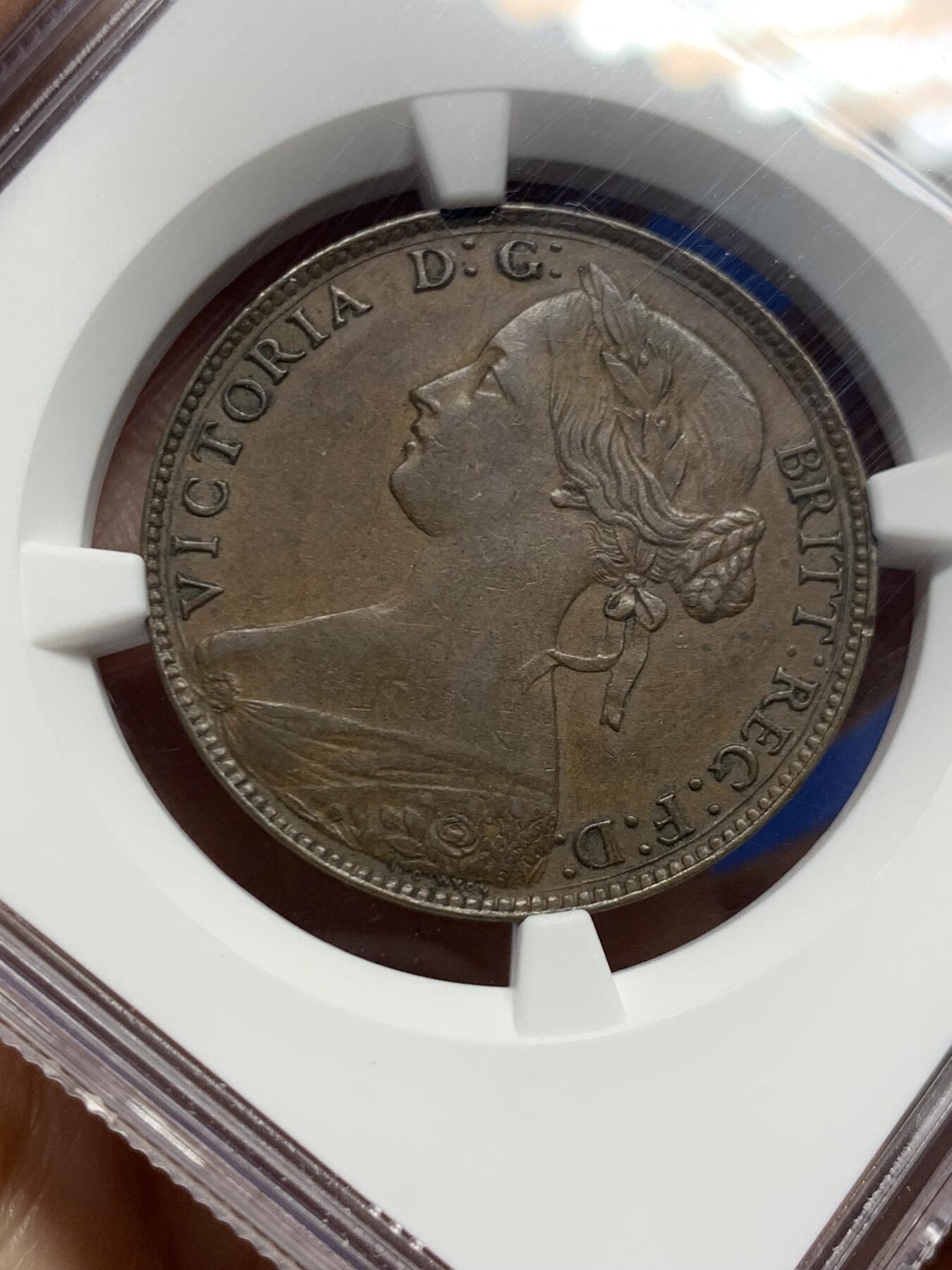 《竞宝斋》第453场 周日，周一 2场连拍 （全场包邮，欢迎送拍） NGC AU58BN 英国1861年维多利亚女王1便士铜币