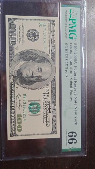 【新年首拍】世界钱币～微拍第222期暨2025年第62期  评级币专场 剩余部分硬通评级币汇率起拍 欢迎参与 - 2006A年美国100元 大头PMG66E 全程无4尾号1522