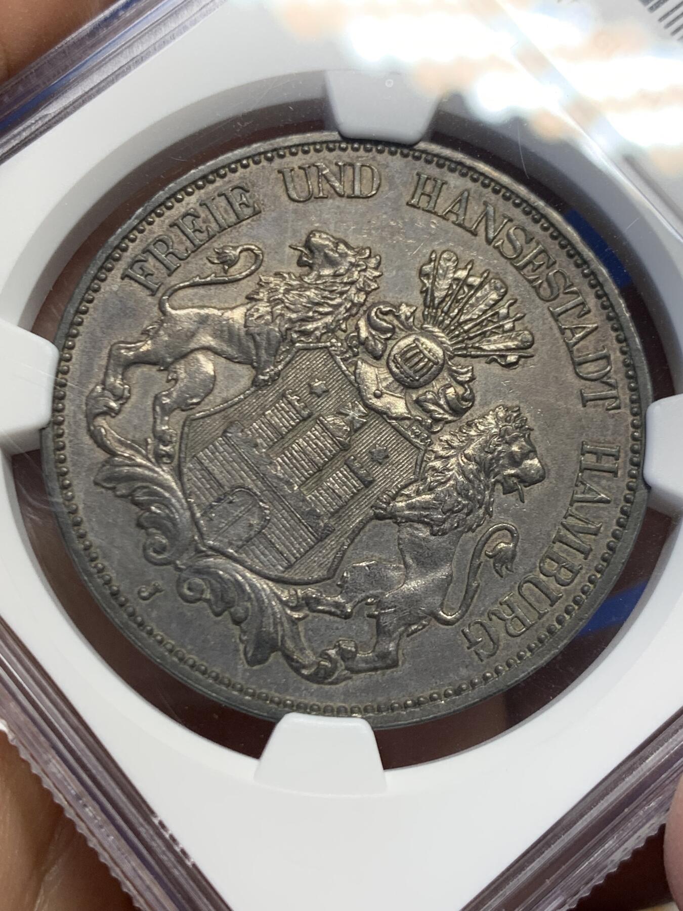 《竞宝斋》第453场 周日，周一 2场连拍 （全场包邮，欢迎送拍） NGC UNC 德国汉堡1913年5马克银币 全深打，底板细腻，细节完整，包浆醇厚，性价比之选