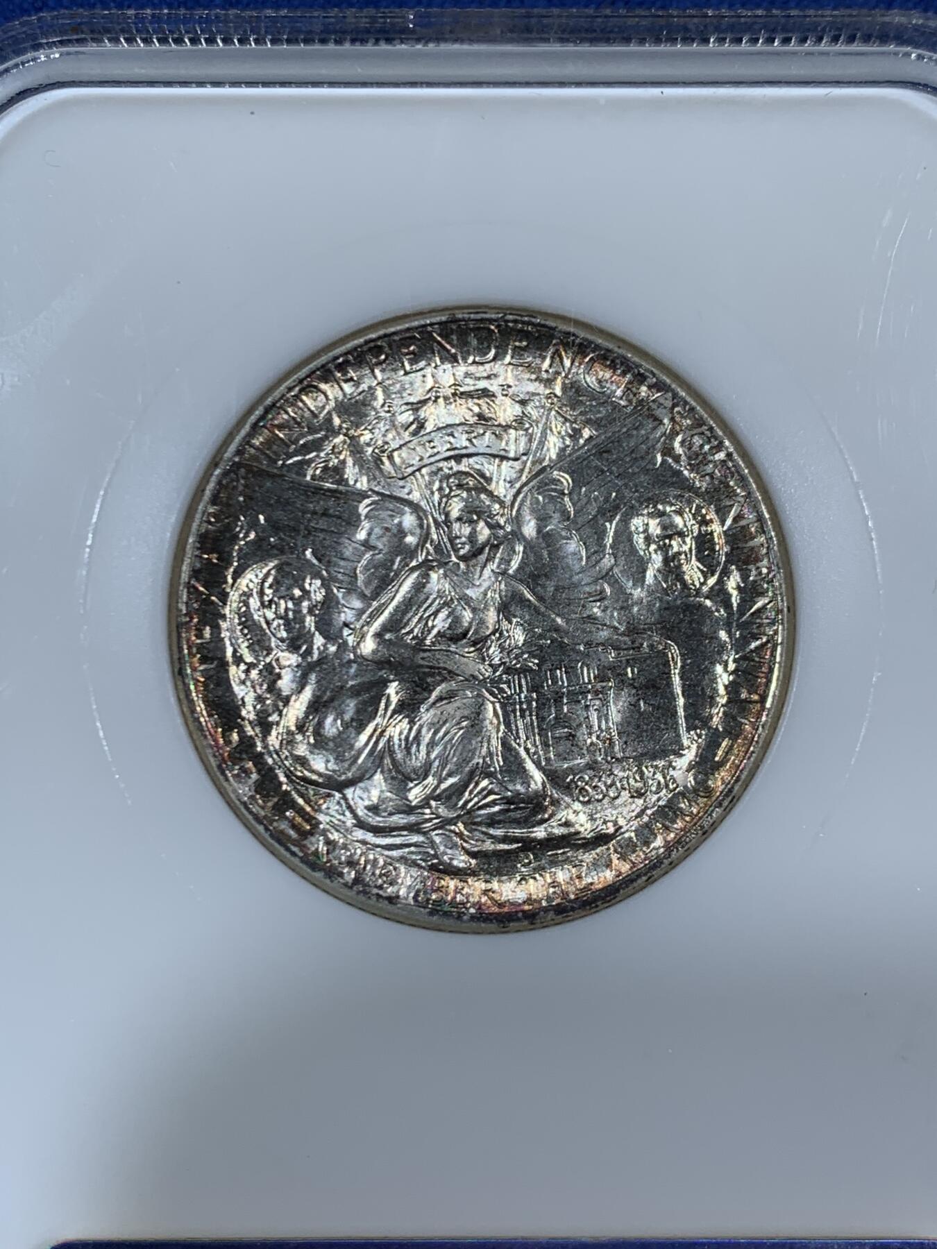 《竞宝斋》第453场 周日，周一 2场连拍 （全场包邮，欢迎送拍） NGC MS66 美国 1936年 50美分 银币，德克萨斯州，加厚老盒子评级，转光明显，非常养眼，值得收藏