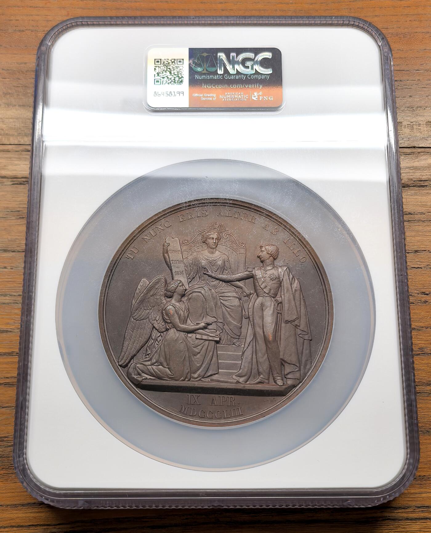 凡希社世界钱币微拍第三百十六期 1853比利时布拉班特公爵纪念大铜章NGC-MS64