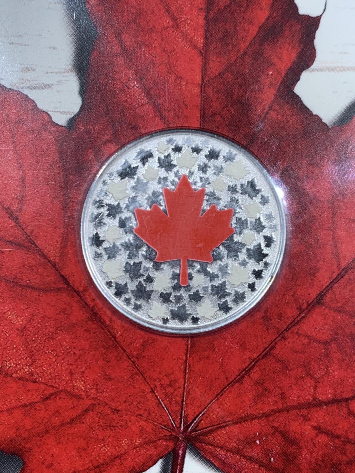 《竞宝斋》第453场 周日，周一 2场连拍 （全场包邮，欢迎送拍） 加拿大 2018年 5加元 27mm 7.96克 99.99%纯银 红色枫叶花语坚毅彩色-夜光银币