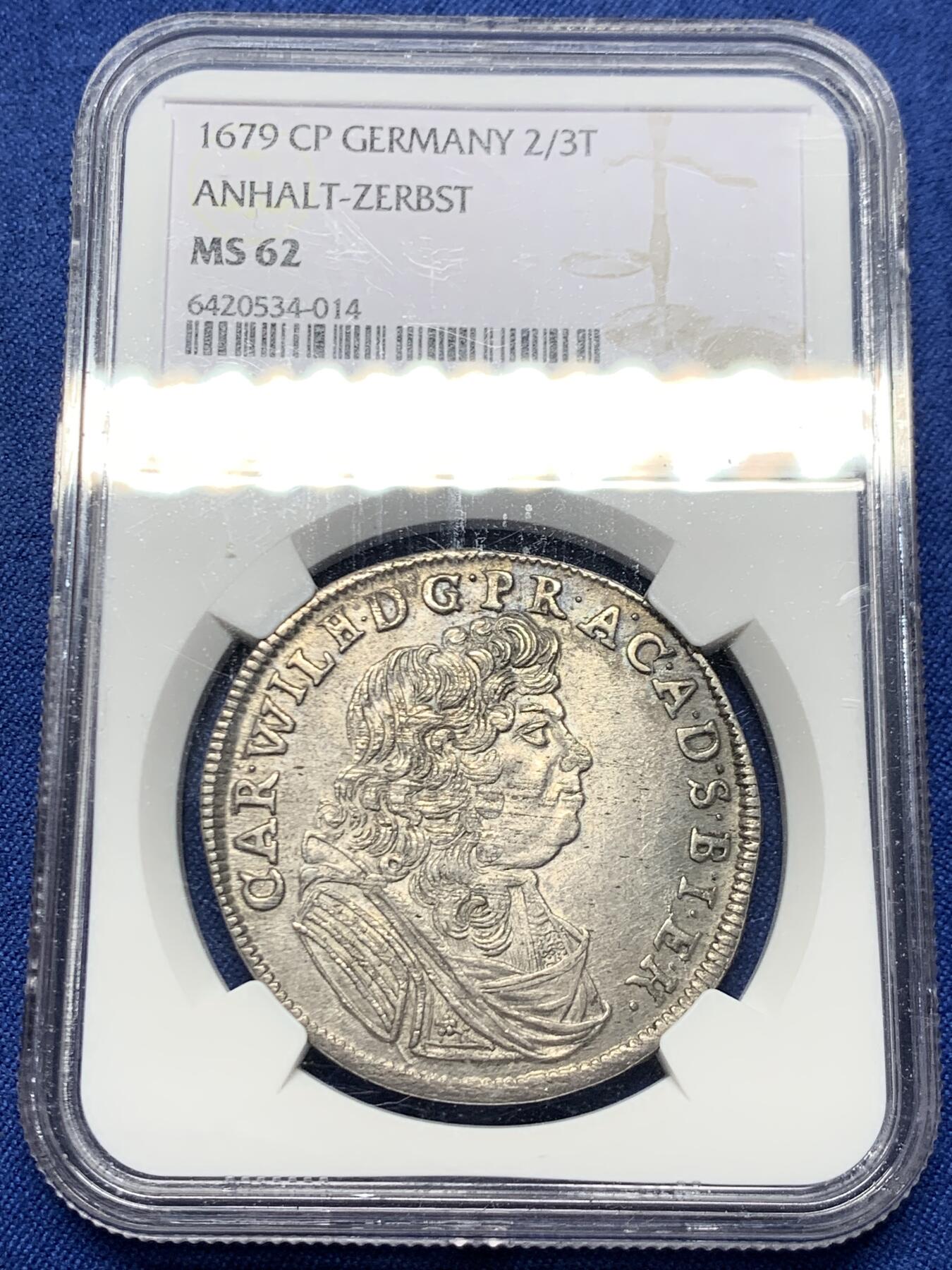 《竞宝斋》第453场 周日，周一 2场连拍 （全场包邮，欢迎送拍） NGC MS62 神圣罗马帝国1679年2/3泰勒大银币 半机制币难得的MS! 安哈尔特-采尔布斯特亲王国(俄女皇叶卡捷琳娜二世的母国) 滚压工艺细节清晰非常不容易  2/3T是流通主力大面值 更大的泰勒是极个别年份才发行的高贵面值