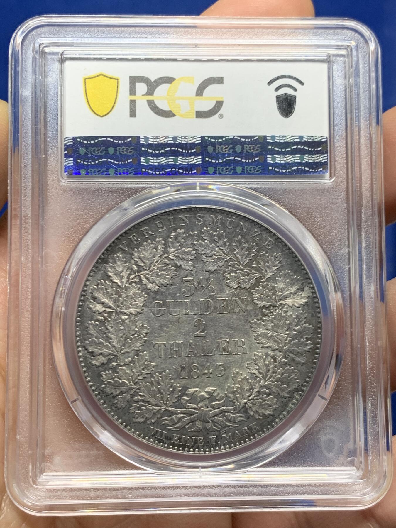 《竞宝斋》第453场 周日，周一 2场连拍 （全场包邮，欢迎送拍） PCGS AU55 德国1843年法兰克福景观2泰勒大银币