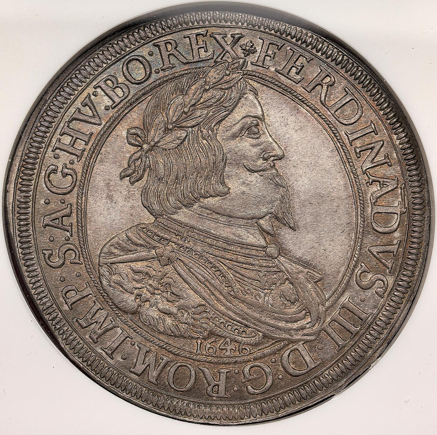 凡希社世界钱币微拍第三百十六期 荐！1646神罗斐迪南三世桂冠像泰勒大银NGC-MS64，品相卓越的藏家之选！N亚军分，只要一枚更高分，实物带一抹淡紫金彩，别致而富有韵味，神罗资深藏家不可错失的美物。（附视频）