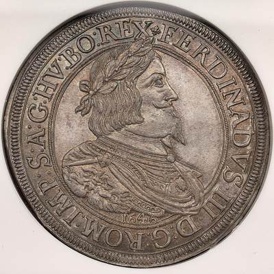 凡希社世界钱币微拍第三百十六期 - 荐！1646神罗斐迪南三世桂冠像泰勒大银NGC-MS64，品相卓越的藏家之选！N亚军分，只要一枚更高分，实物带一抹淡紫金彩，别致而富有韵味，神罗资深藏家不可错失的美物。（附视频）