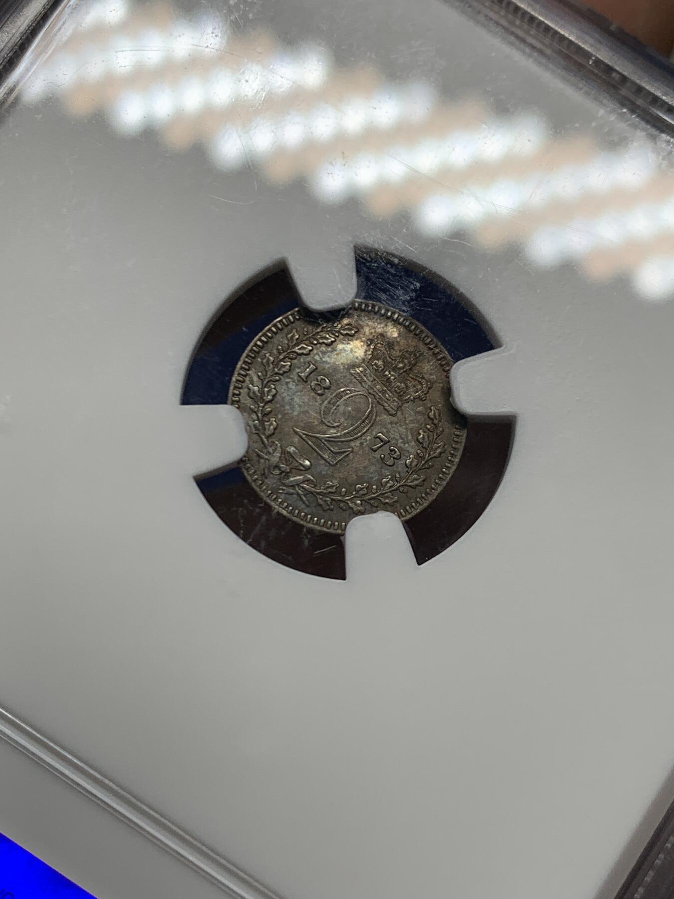 《竞宝斋》第453场 周日，周一 2场连拍 （全场包邮，欢迎送拍） NGC MS62 英国1973年维多利亚女王2便士濯足小银币