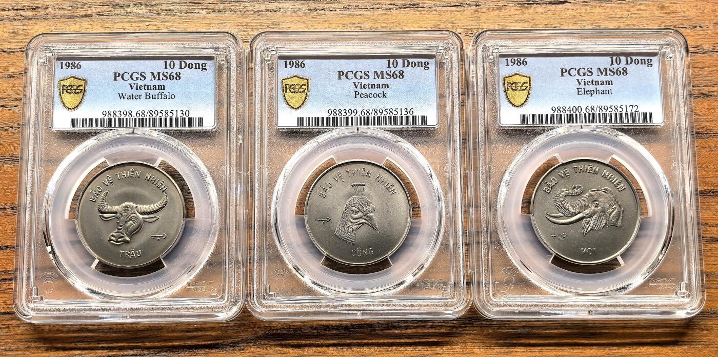 凡希社世界钱币微拍第三百十六期 1986越南动物三枚套水牛/大象/孔雀PCGS-MS68