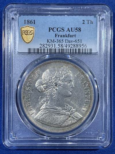 《竞宝斋》第453场 周日，周一 2场连拍 （全场包邮，欢迎送拍） - PCGS AU58 德国 1861年 法兰克福少女 2泰勒 银币