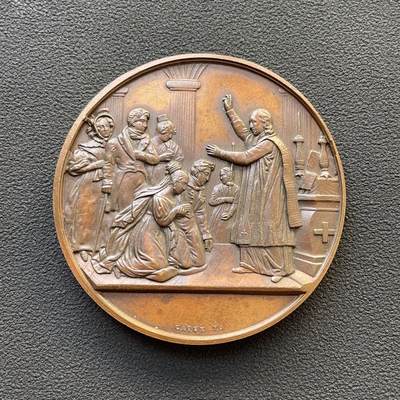 「木头集藏」章牌专场-第65场 - 法国婚礼纪念铜章，直径：52.3 mm，66.5 g，边铭：丰饶角 BRONZE， 少见婚礼版本，品相很不错