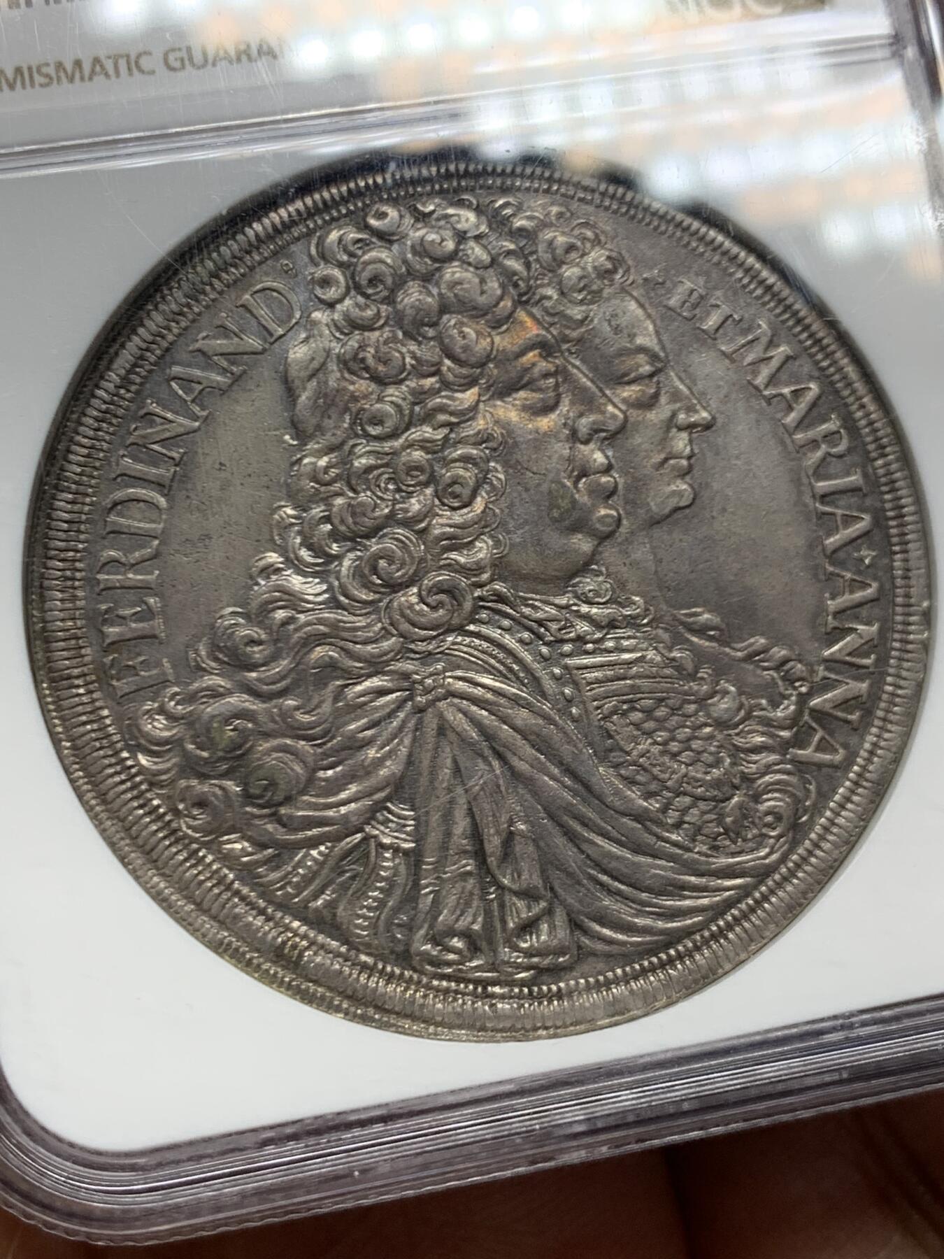 《竞宝斋》第453场 周日，周一 2场连拍 （全场包邮，欢迎送拍） NGC AU53 德国1696施瓦岑贝格  泰勒大银币，费迪南和玛利亚安娜结婚纪念 早期超大规格泰勒 只能美国评级了 非常难得