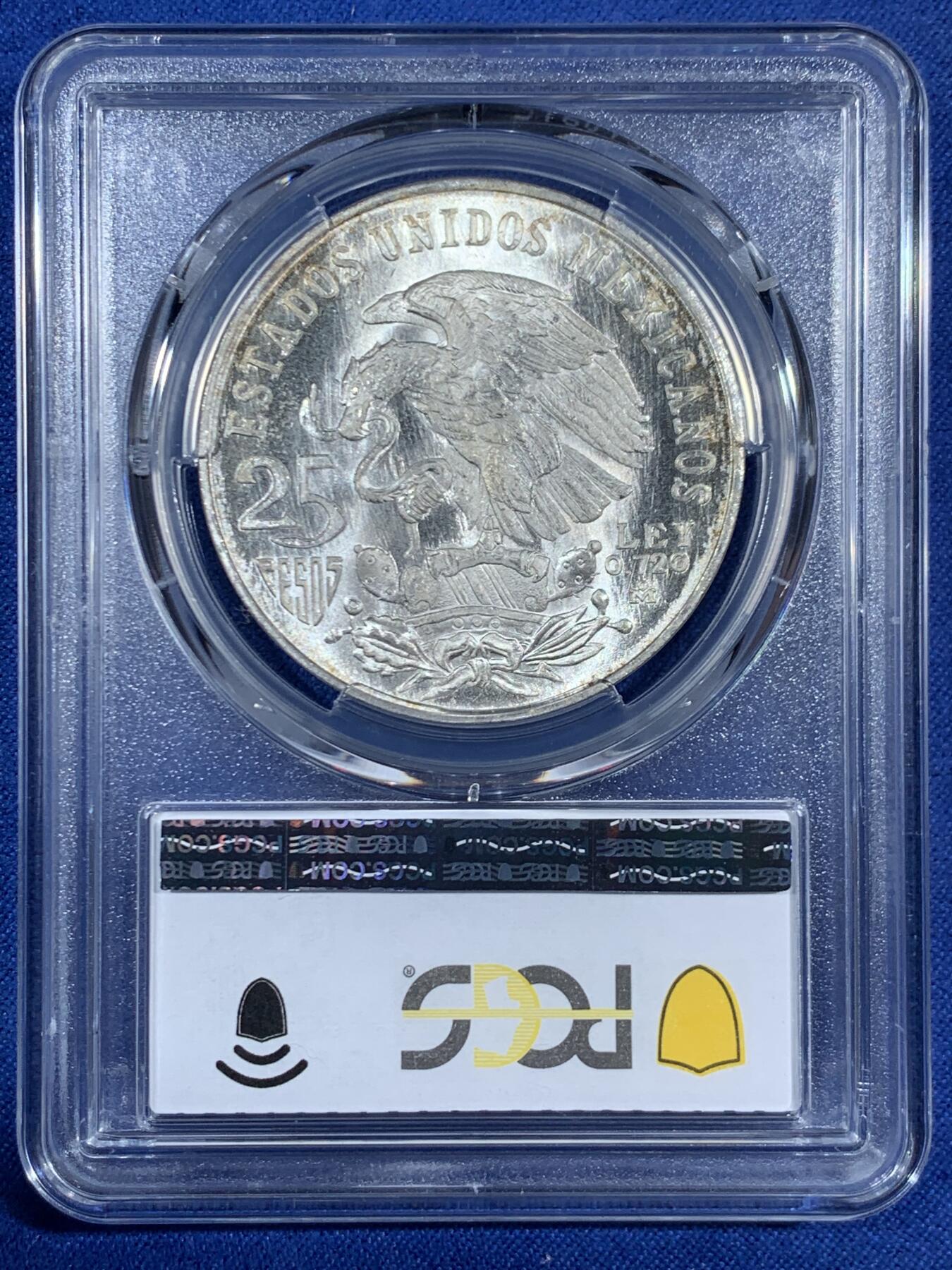 《竞宝斋》第453场 周日，周一 2场连拍 （全场包邮，欢迎送拍） PCGS MS66 墨西哥1968年25比索奥运纪念,经典品种,卷拆品高分，两面爆光，银光赏心悦目,适合收藏。