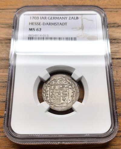凡希社世界钱币微拍第三百十六期 - 1703德国黑森达姆斯特2ALB银辅币NGC-MS62，N唯一最高分。