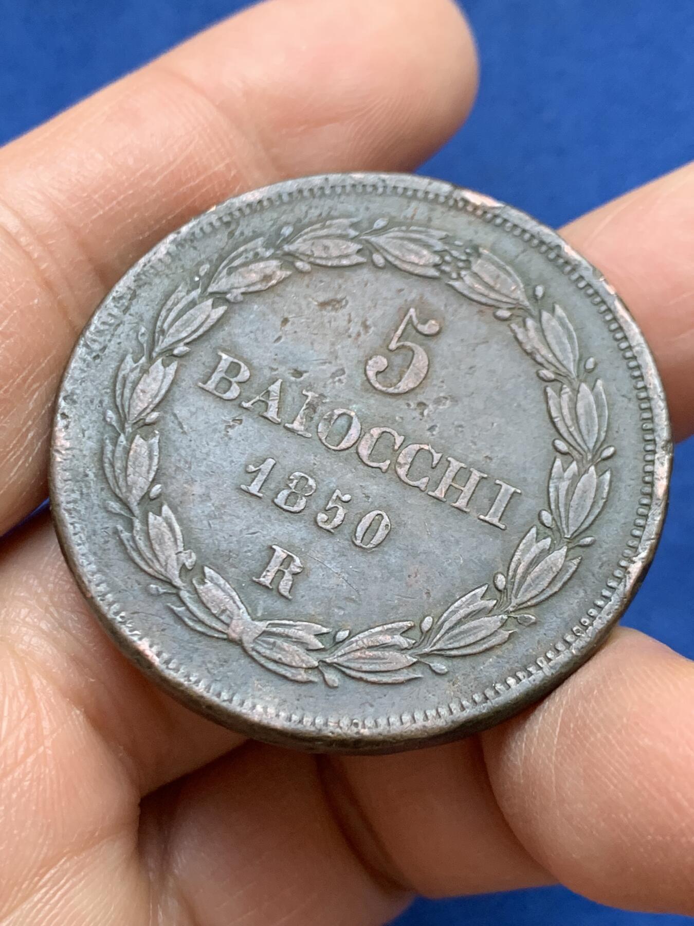 《竞宝斋》第453场 周日，周一 2场连拍 （全场包邮，欢迎送拍） 教皇国1850庇护九世5Baiocchi大铜币 39.8克