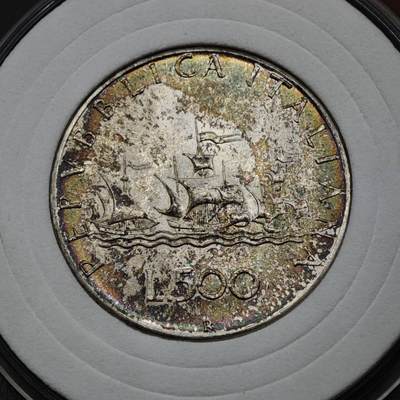 【淘币小摊】实时拍第八百三十七拍   散币银币场   满百包邮可预留二周 每周一统一发货   - 意大利1966年500里拉银币五彩包浆 参考银价180