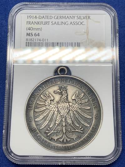 《竞宝斋》第453场 周日，周一 2场连拍 （全场包邮，欢迎送拍） - NGC MS64 德国1904年法兰克福帆船大赛纪念大银章 罕见珍稀法兰城景观配法兰鹰大银章 高点锋芒毕现顶级收藏品质