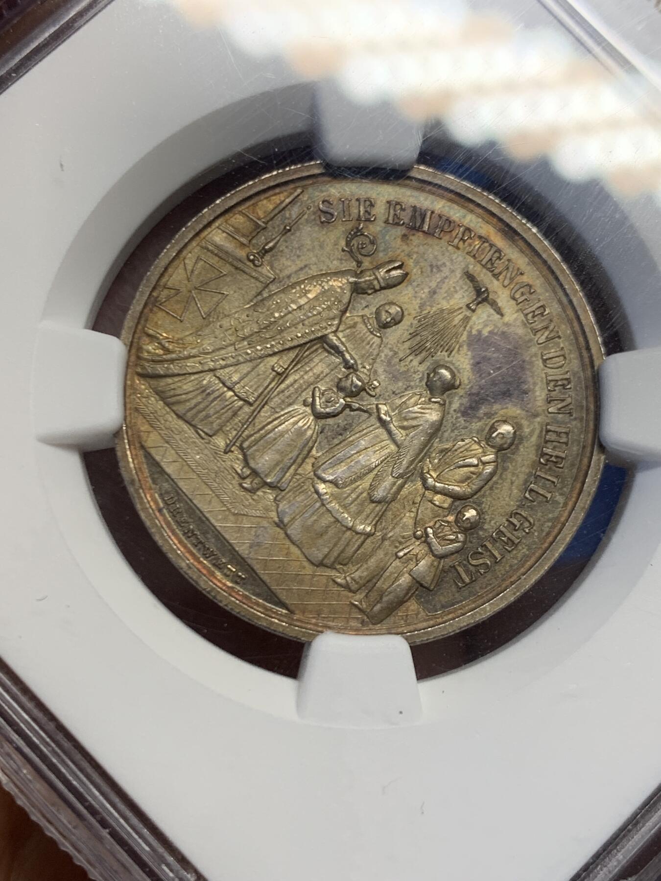 《竞宝斋》第453场 周日，周一 2场连拍 （全场包邮，欢迎送拍） NGC MS63 德国19世纪洗礼银章，自然五彩包浆，章牌雕刻世家Drentwett家族荣誉品