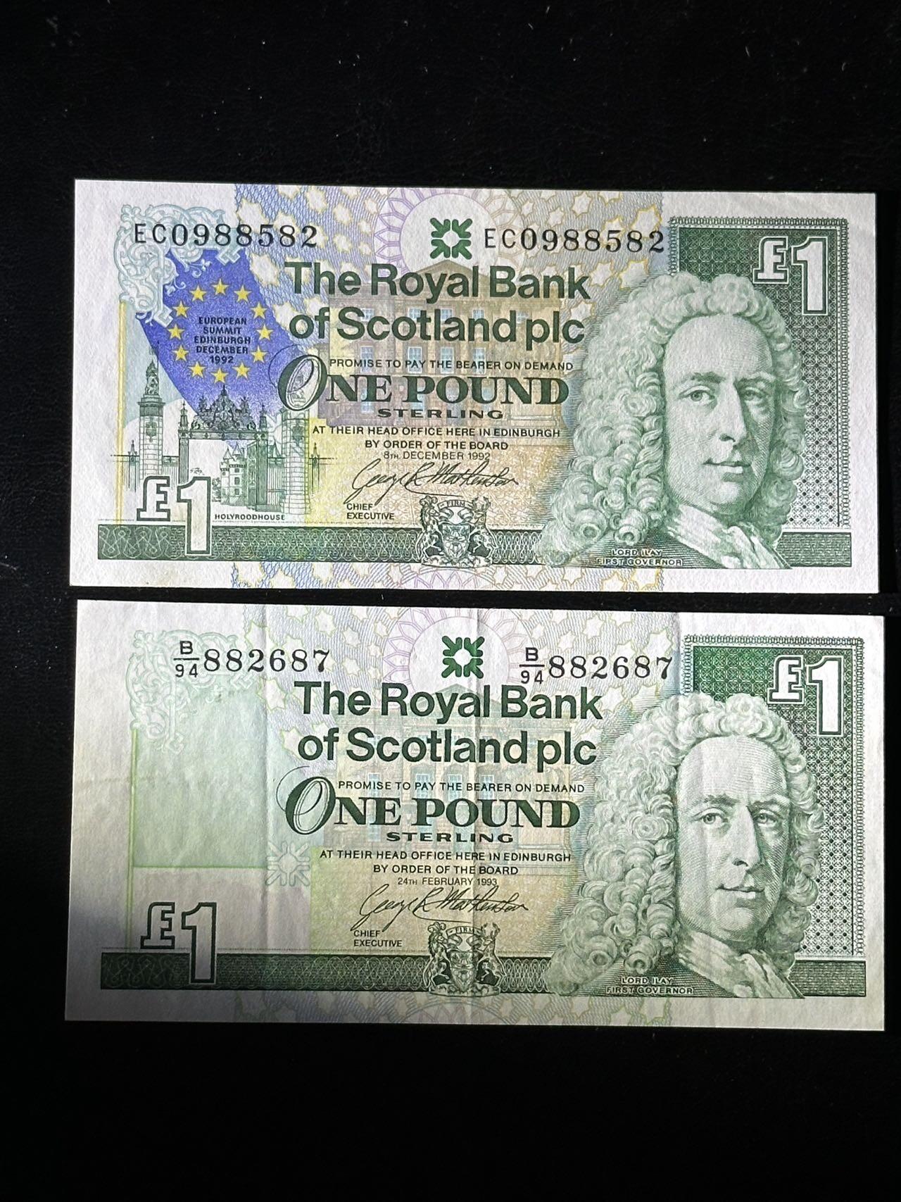 九十九场（喜迎元旦） 苏格兰纸币一组两张！其中一张为1992年苏格兰1镑纸币欧洲峰会在爱丁堡召开的纪念钞，unc-，无47！另一枚是普通版