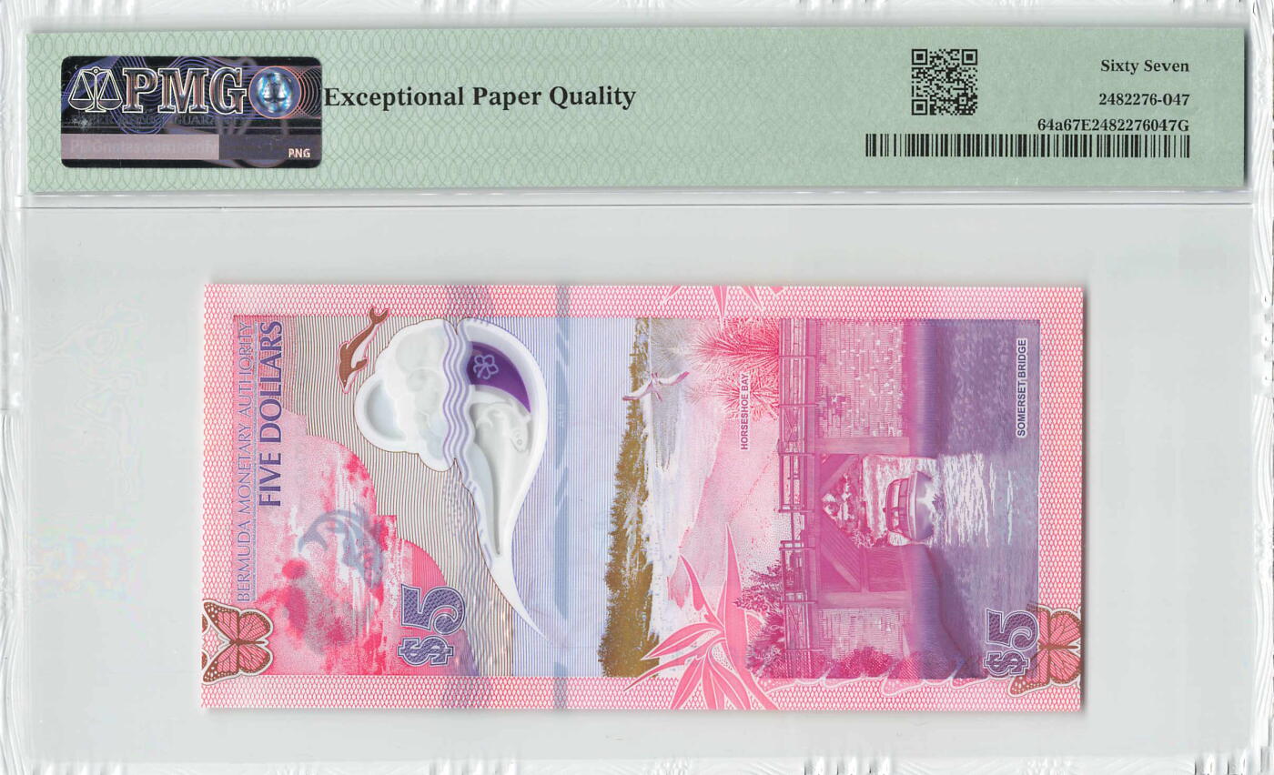 小福收藏拍卖第198期 评级币精选场  本期有菲律宾百位靓号100000比索超大纪念钞 苏里南25000盾花鸟版最高值 柬埔寨珍品56年50瑞尔 南越未发行版最高值打飞机  巴哈马彩背 老挝中国代印57年样钞 匈牙利 斯洛伐克 法罗群岛等多国精美高分珍稀老钞精品纸币 百慕大 2024年 5元 塑料钞 A/1冠 无47 PMG67 EPQ 季军分