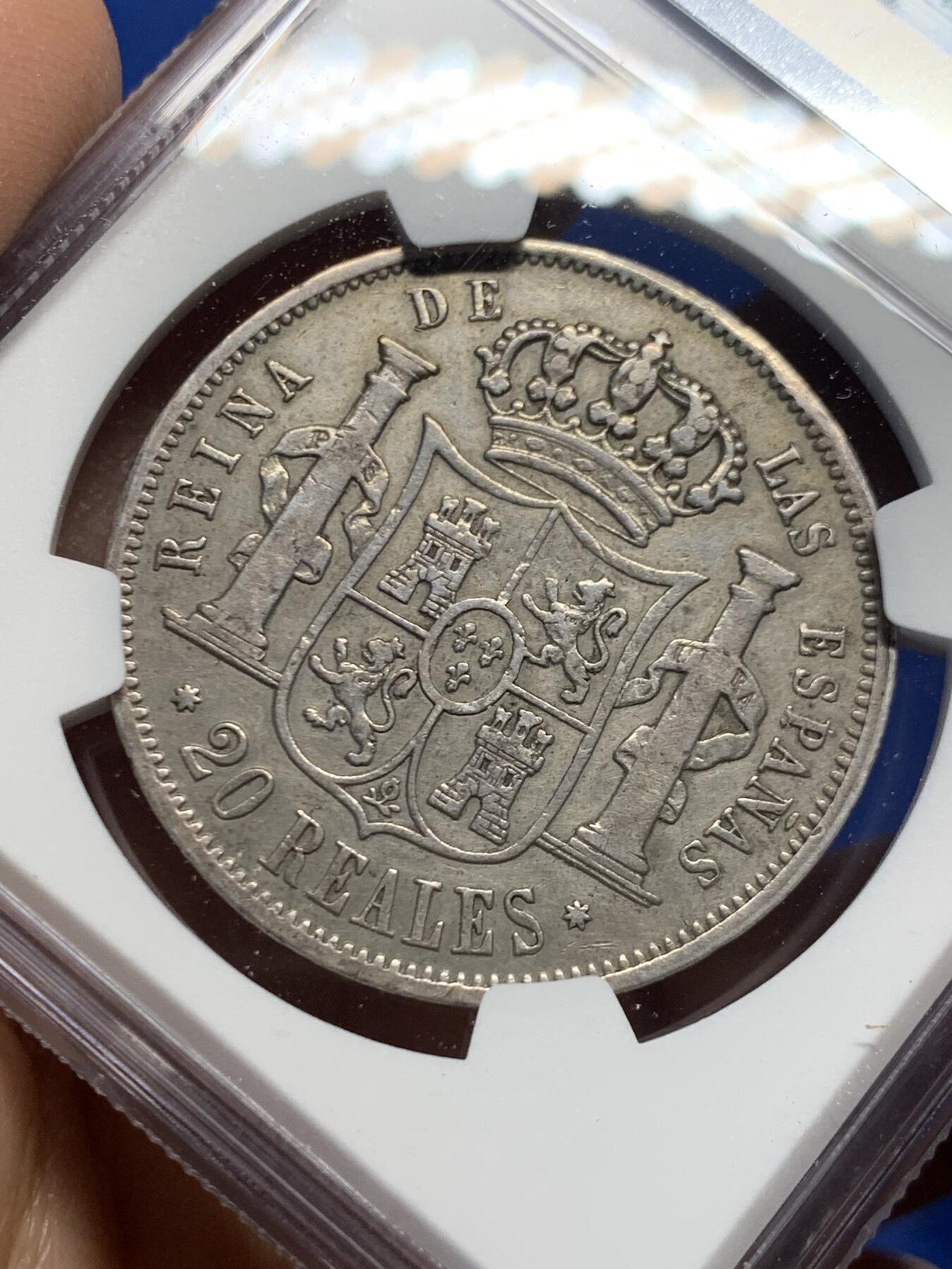 《竞宝斋》第453场 周日，周一 2场连拍 （全场包邮，欢迎送拍） NGC VFD 西班牙 1852年 伊萨贝拉猪头妹 20R 大银币