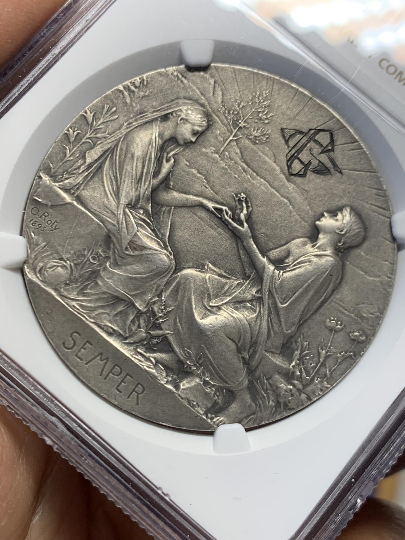 《竞宝斋》第453场 周日，周一 2场连拍 （全场包邮，欢迎送拍） NGC MS62 法国1898年O.Roty作品“SEMPER”永恒的爱 婚礼纪念银章，直径：41 mm，少见双面刻花，状态一流，极致收藏，名家经典，品相不错