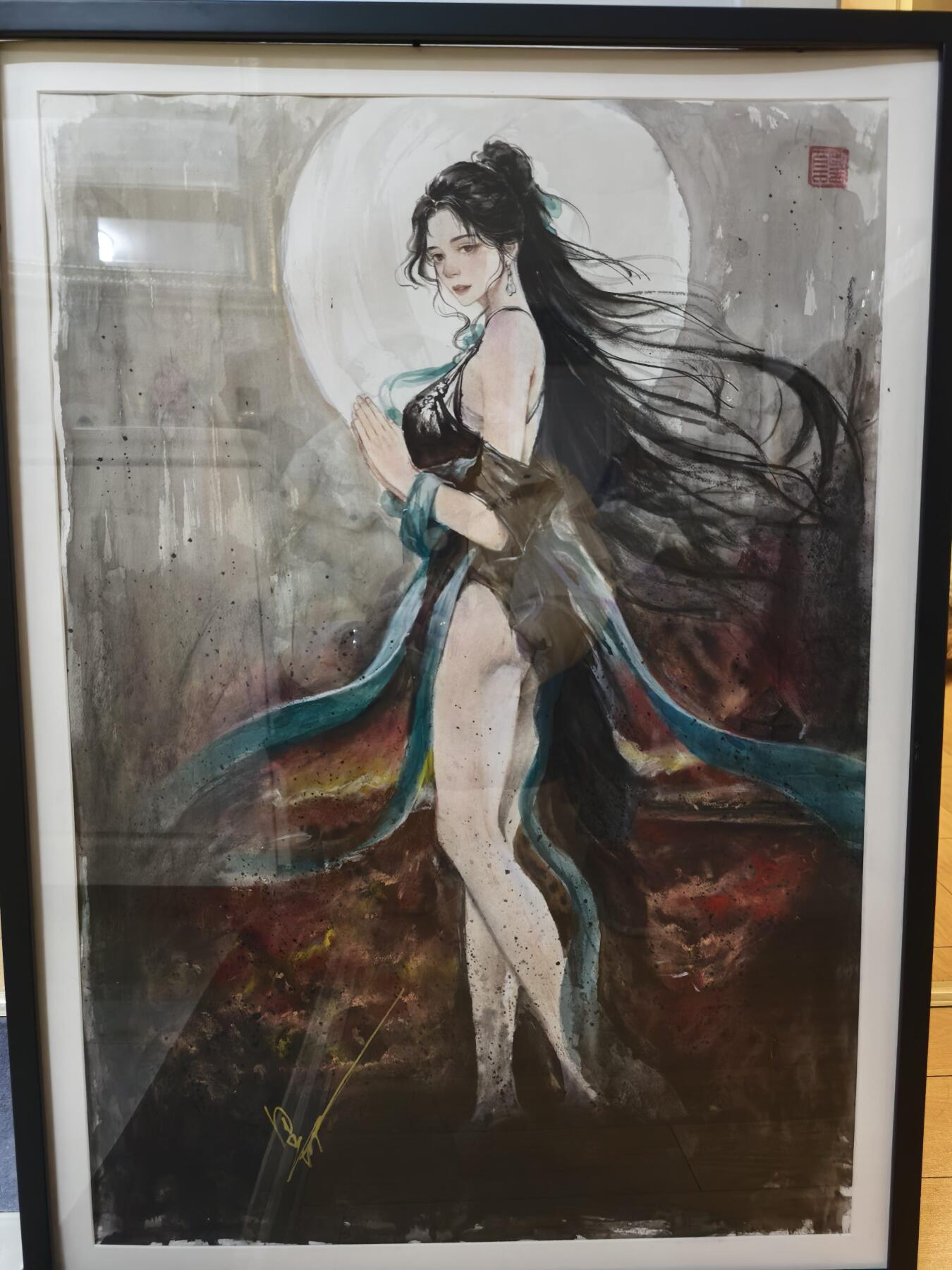 丫丫卡拍--跨年特档*满赠妲己特卡，本场包含之前流拍品（12月31日22点截拍） 【亲签大画原稿】貂蝉拜月《碳的N次方》尺寸：二开，约89*59cm 带木质外框